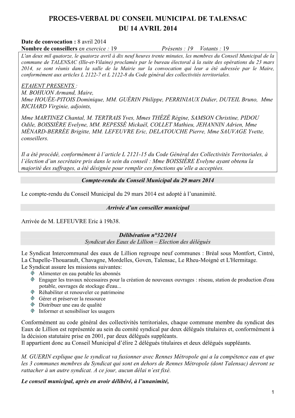 Proces-Verbal Du Conseil Municipal De Talensac Du 14 Avril 2014