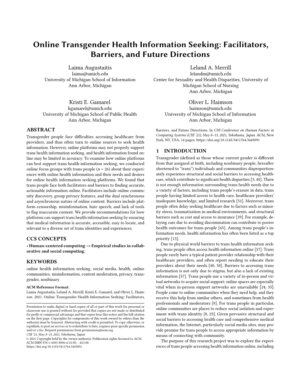 Online Transgender Health Information Seeking: Facilitators, Barriers, and Future Directions