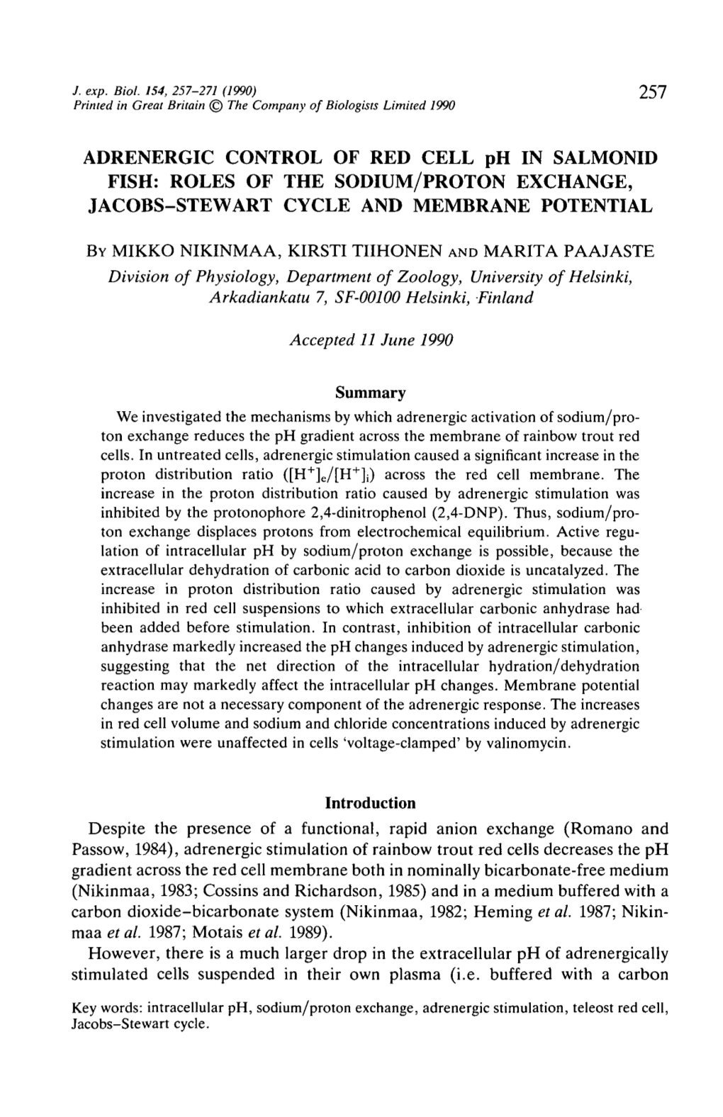 ADRENERGIC CONTROL of RED CELL Ph in SALMONID FISH: ROLES of the SODIUM/PROTON EXCHANGE, JACOBS-STEWART CYCLE and MEMBRANE POTENTIAL