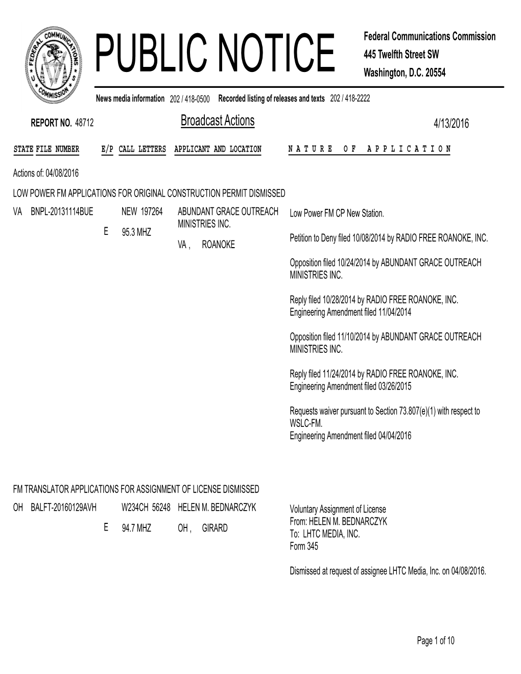 Broadcast Actions 4/13/2016