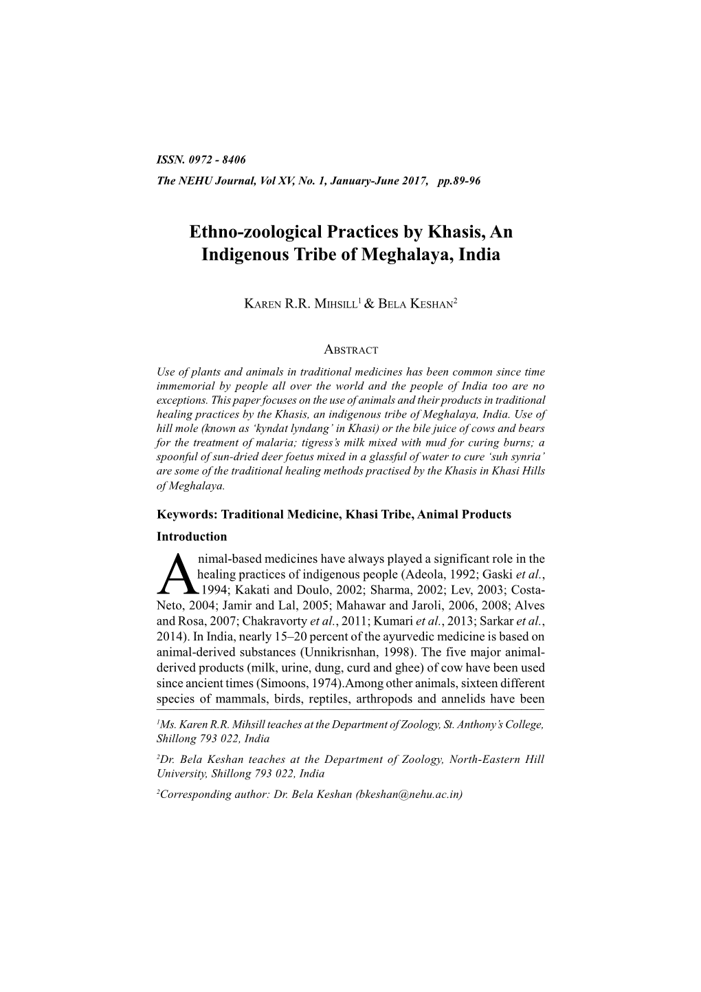 Ethno-Zoological Practices by Khasis, an Indigenous Tribe of Meghalaya, India