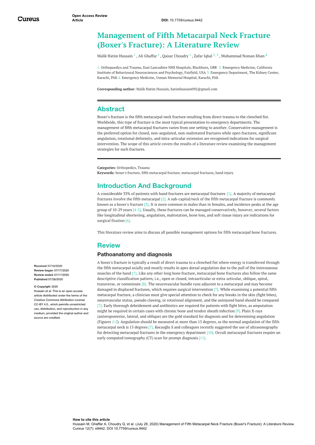 Management of Fifth Metacarpal Neck Fracture (Boxer's Fracture): a Literature Review