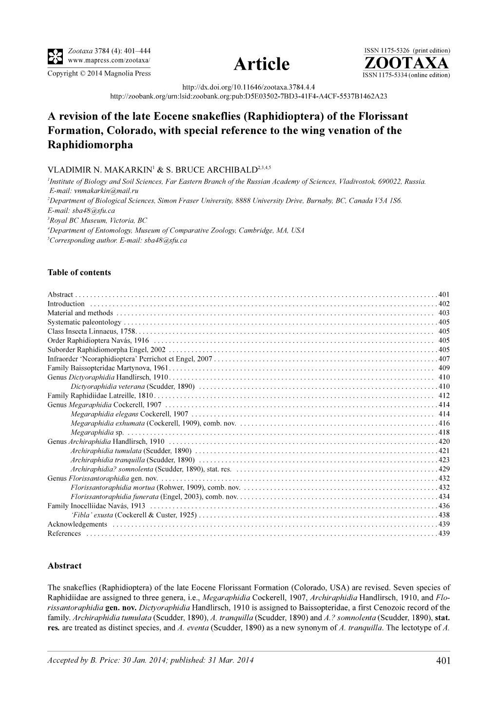 A Revision of the Late Eocene Snakeflies (Raphidioptera) of the Florissant Formation, Colorado, with Special Reference to the Wing Venation of the Raphidiomorpha