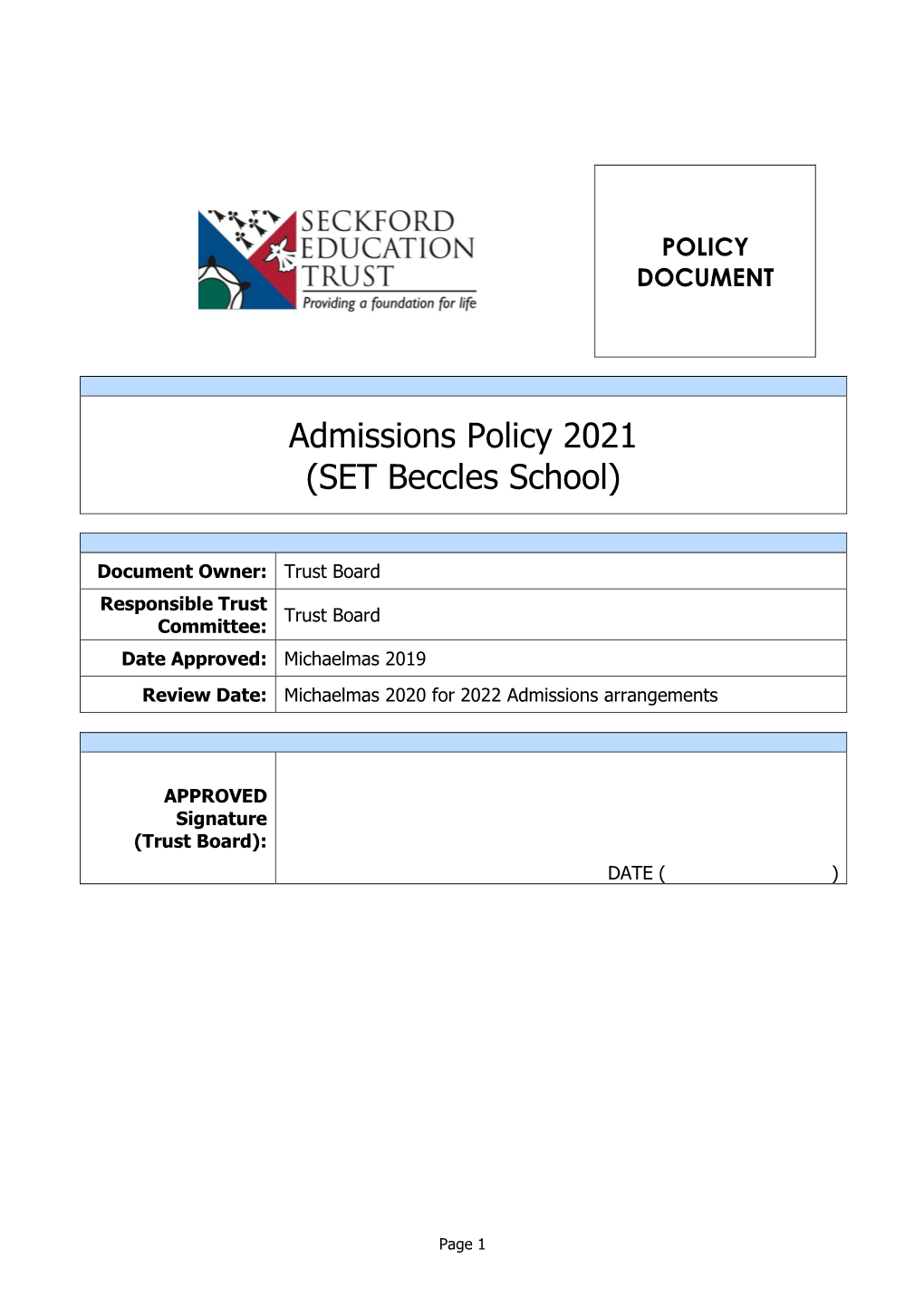 Download the SET Beccles School 2021/2022 Admissions Policy