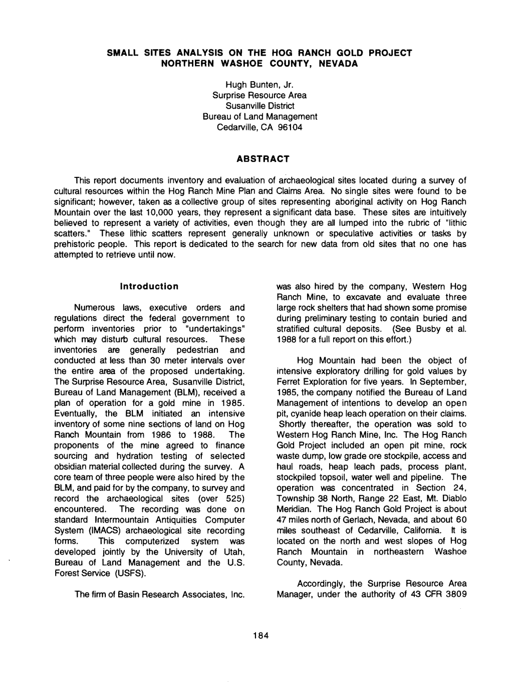 Small Sites Analysis on the Hog Ranch Gold Project Northern Washoe County, Nevada