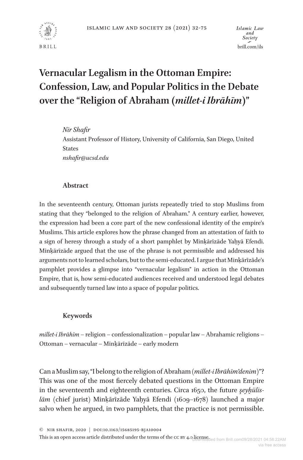 Vernacular Legalism in the Ottoman Empire: Confession, Law, and Popular Politics in the Debate Over the “Religion of Abraham (Millet-I Ibrāhīm)”