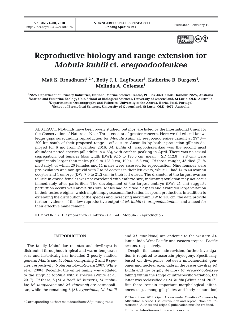 Reproductive Biology and Range Extension for Mobula Kuhlii Cf