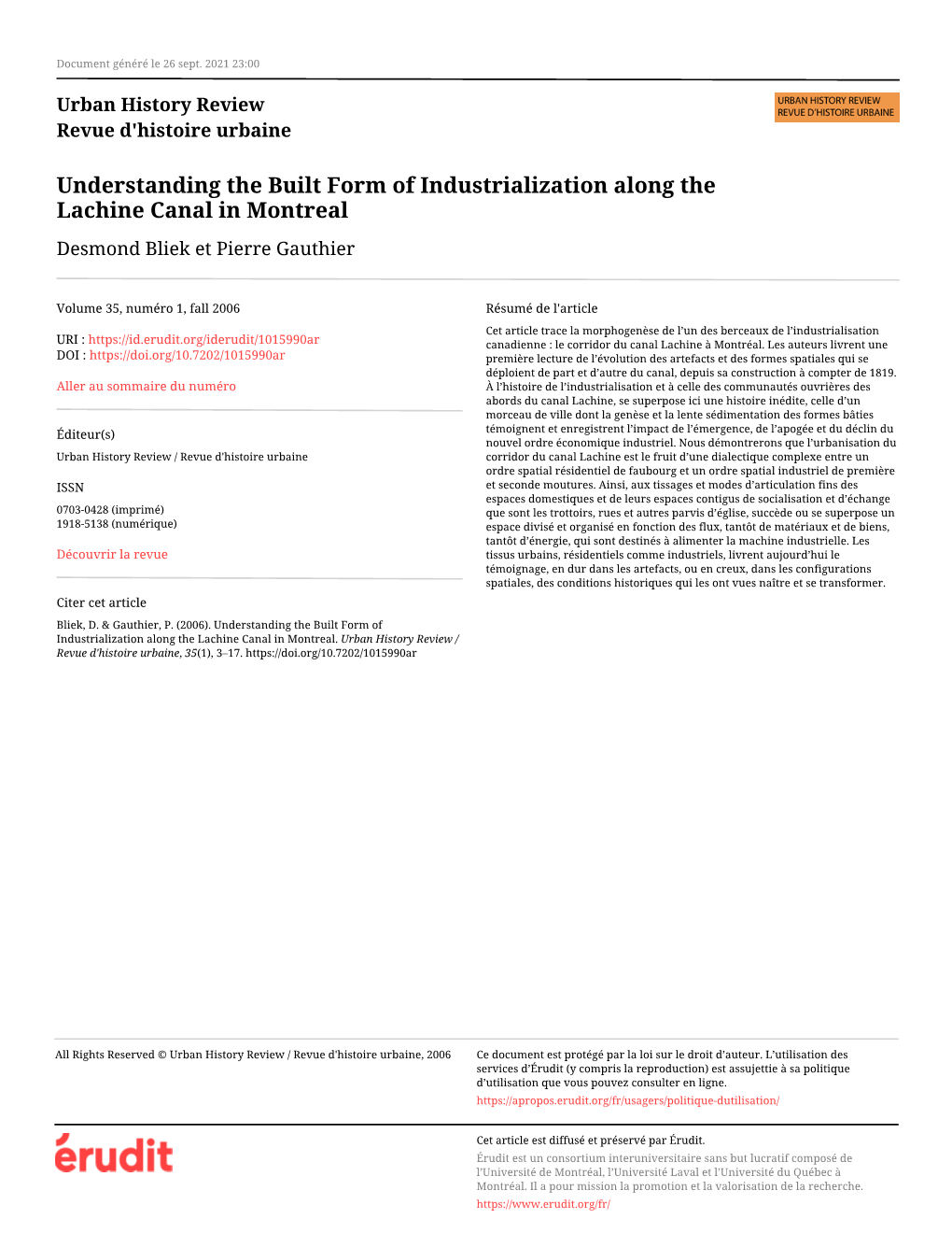 Understanding the Built Form of Industrialization Along the Lachine Canal in Montreal Desmond Bliek Et Pierre Gauthier