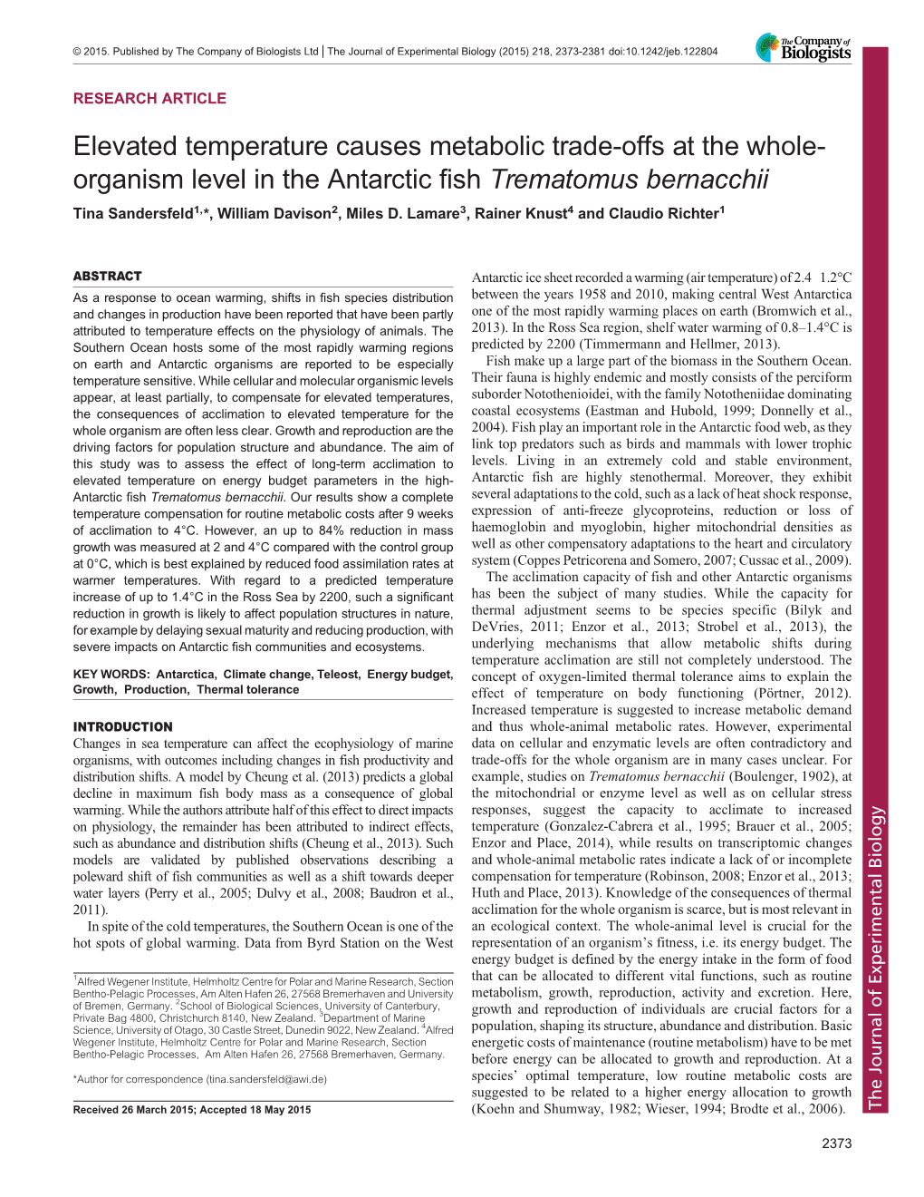 Organism Level in the Antarctic Fish Trematomus Bernacchii Tina Sandersfeld1,*, William Davison2, Miles D