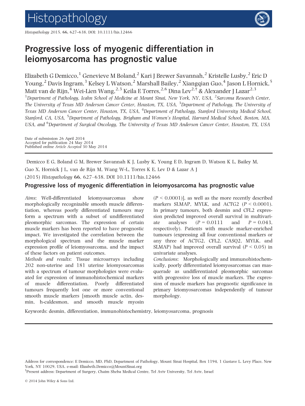 Progressive Loss of Myogenic Differentiation in Leiomyosarcoma Has Prognostic Value