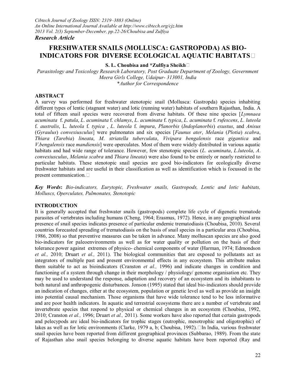 Freshwater Snails (Mollusca: Gastropoda) As Bio- Indicators for Diverse Ecological Aquatic Habitats S