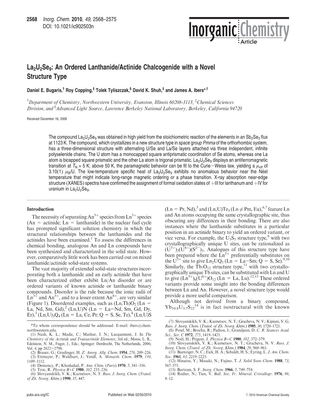 La2u2se9: an Ordered Lanthanide/Actinide Chalcogenide with a Novel Structure Type