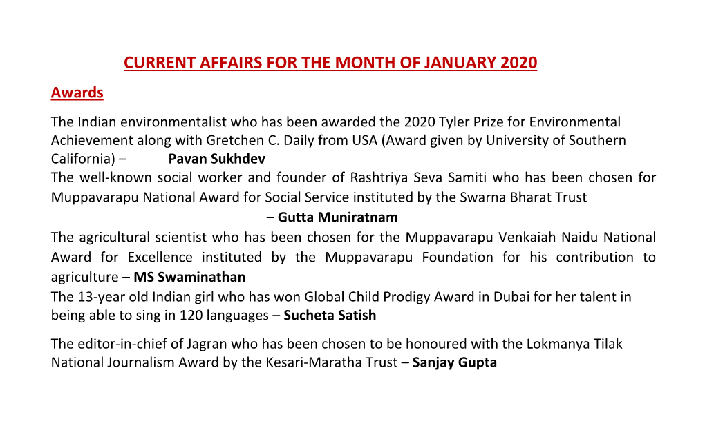 Current Affairs for the Month of January 2020