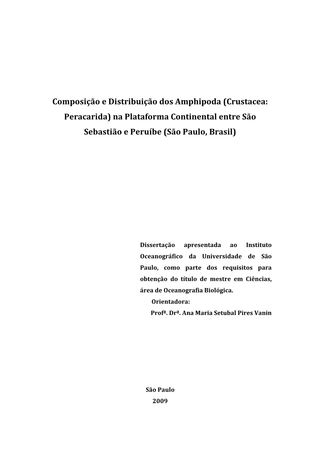 Crustacea: Peracarida) Na Plataforma Continental Entre São Sebastião E Peruíbe (São Paulo, Brasil)