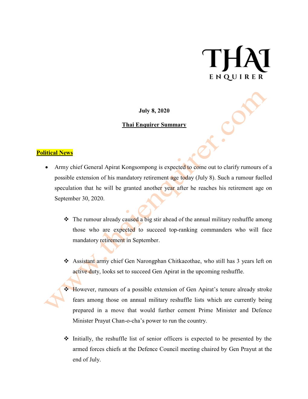 July 8, 2020 Thai Enquirer Summary Political News • Army Chief General