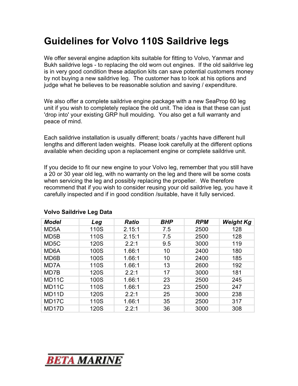 Guidelines for Volvo 110S Saildrive Legs