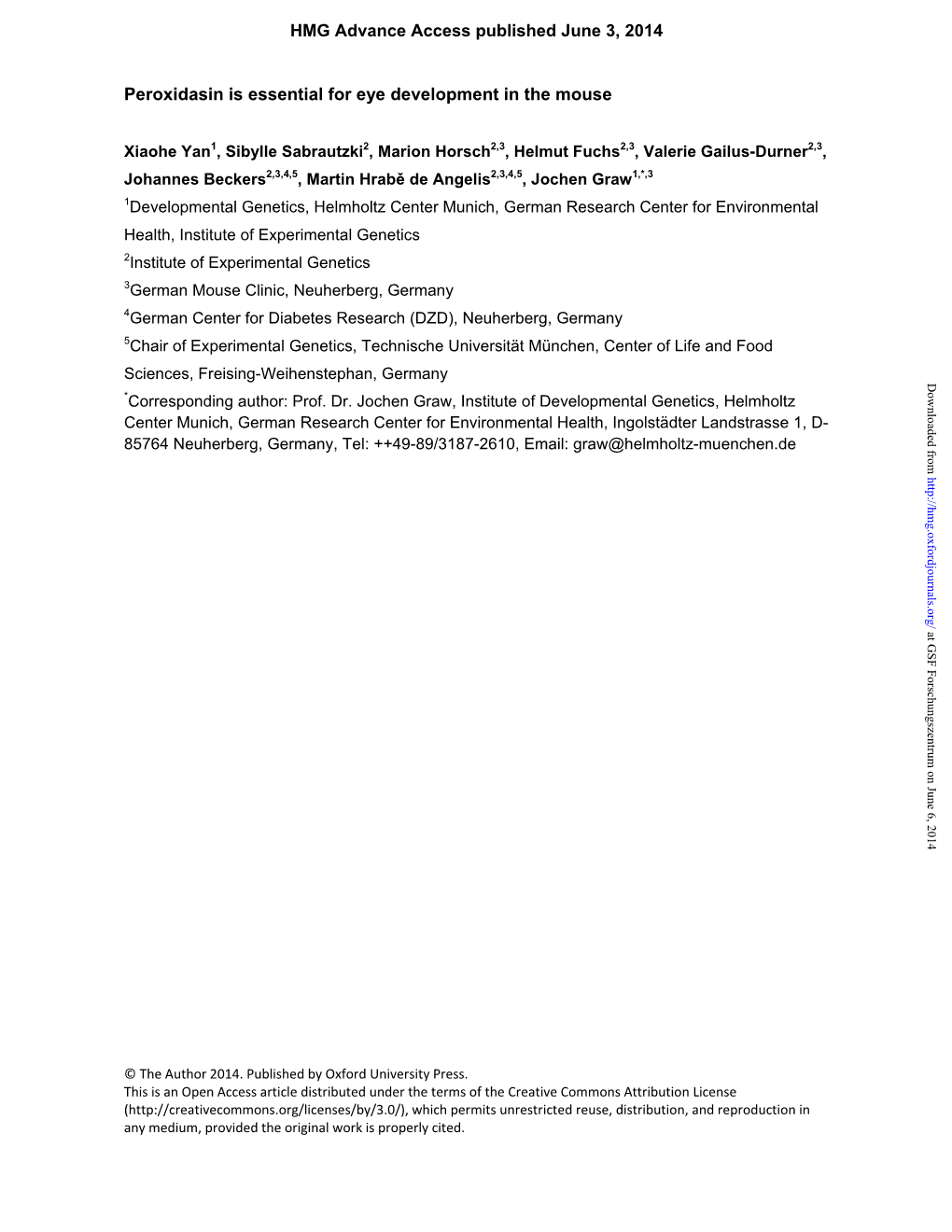 Peroxidasin Is Essential for Eye Development in the Mouse HMG