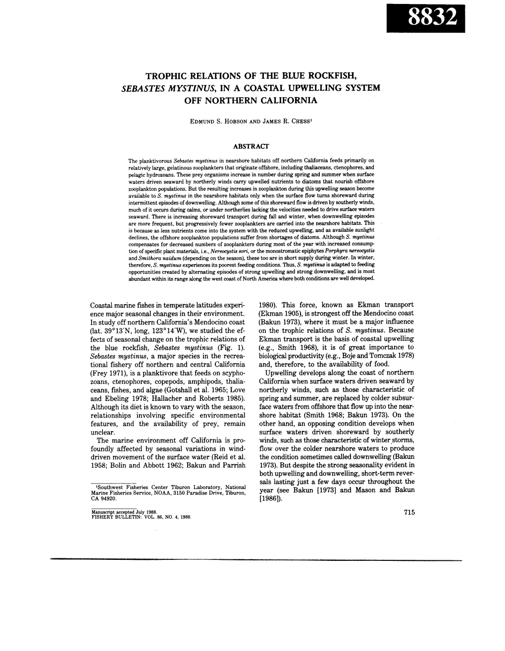 Trophic Relations of the Blue Rockfish, Sebastes Mystinus, in a Coastal Upwelling System Off Northern California