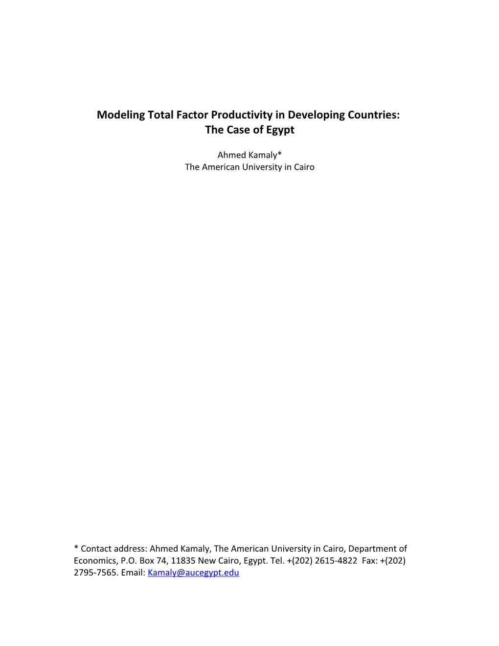 Modeling Total Factor Productivity: the Case of Egypt