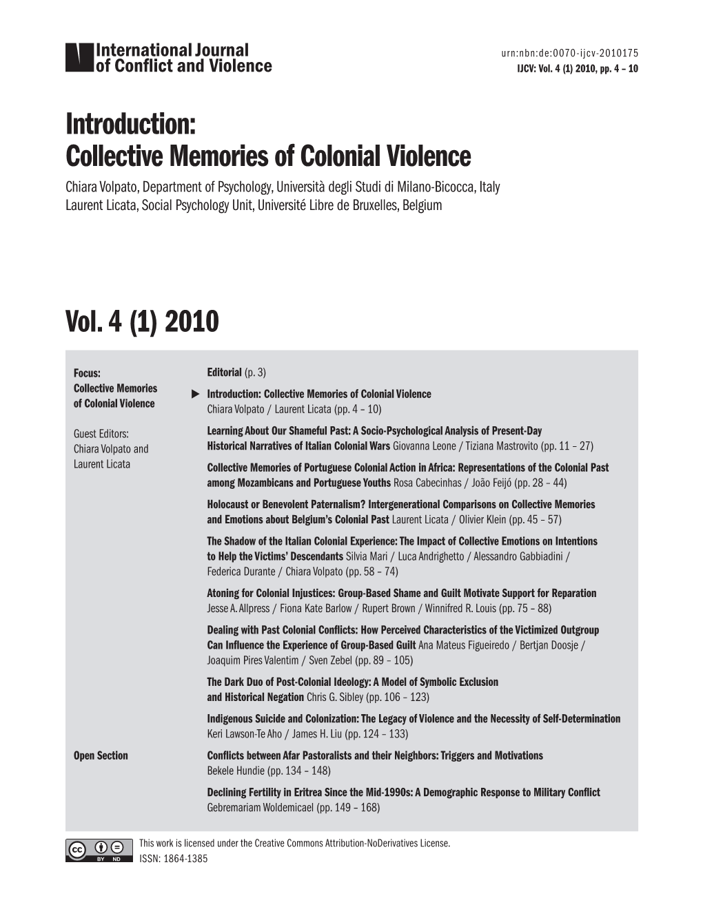 Introduction: Collective Memories of Colonial Violence Vol. 4 (1) 2010