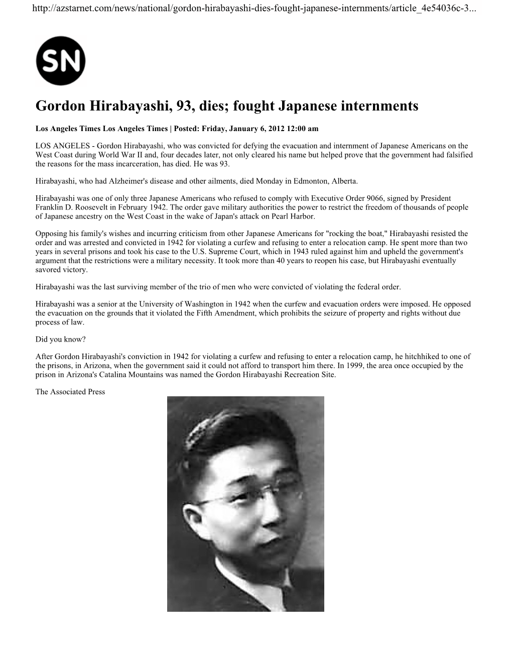 Gordon Hirabayashi, 93, Dies; Fought Japanese Internments