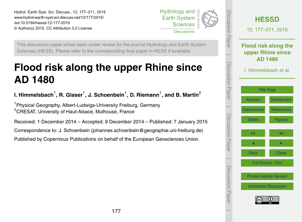 Flood Risk Along the Upper Rhine Since AD 1480 Table 1