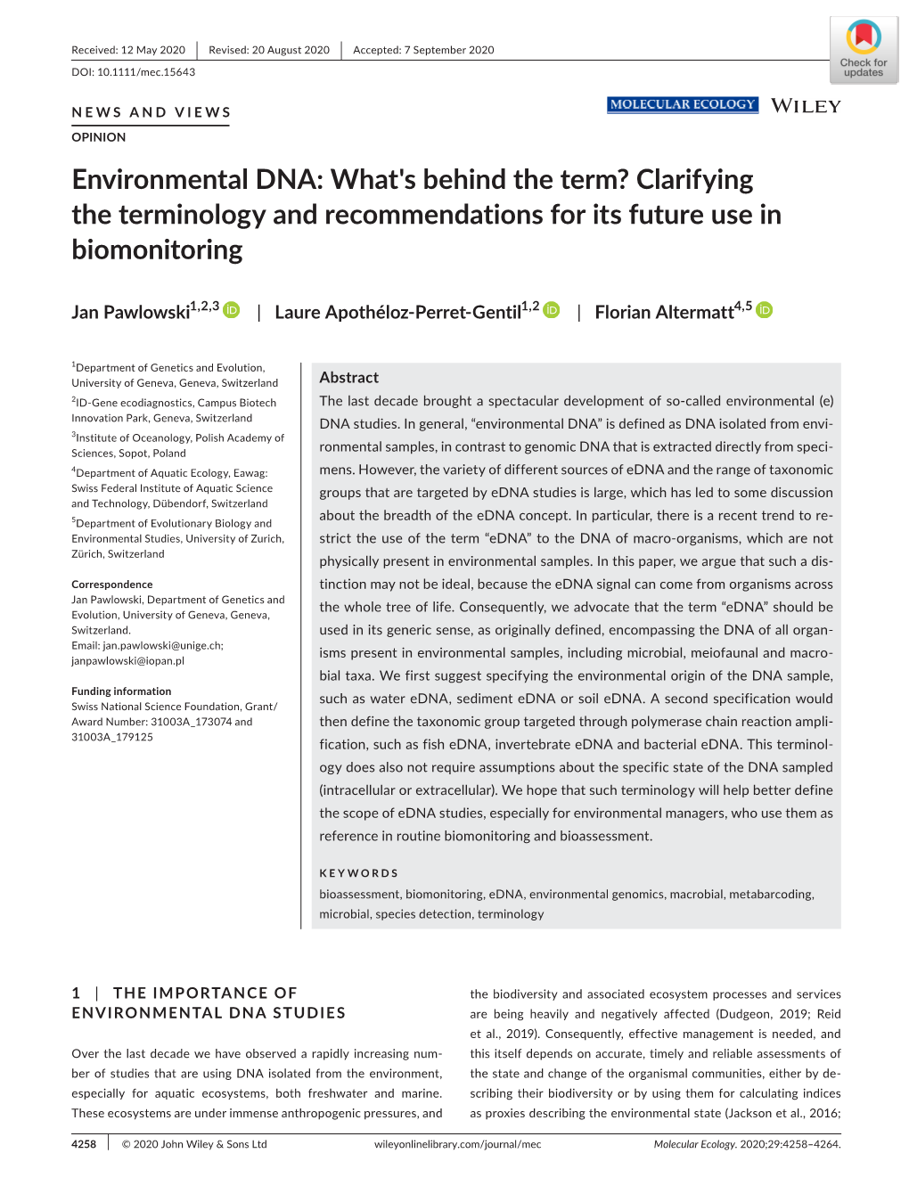 Environmental DNA: What's Behind the Term? Clarifying the Terminology and Recommendations for Its Future Use in Biomonitoring