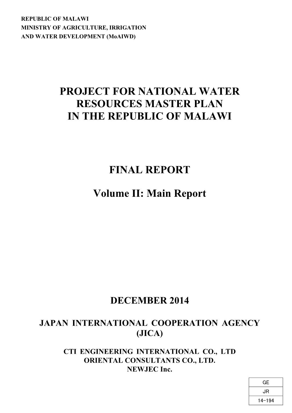 Project for National Water Resources Master Plan in the Republic of Malawi