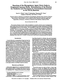 Reactions of the Bioregulatory Agent Nitric Oxide In