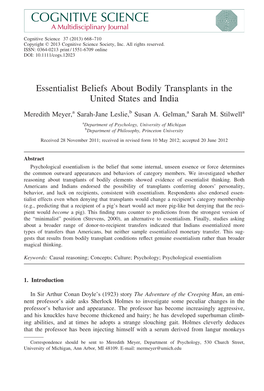 Essentialist Beliefs About Bodily Transplants in the United States and India