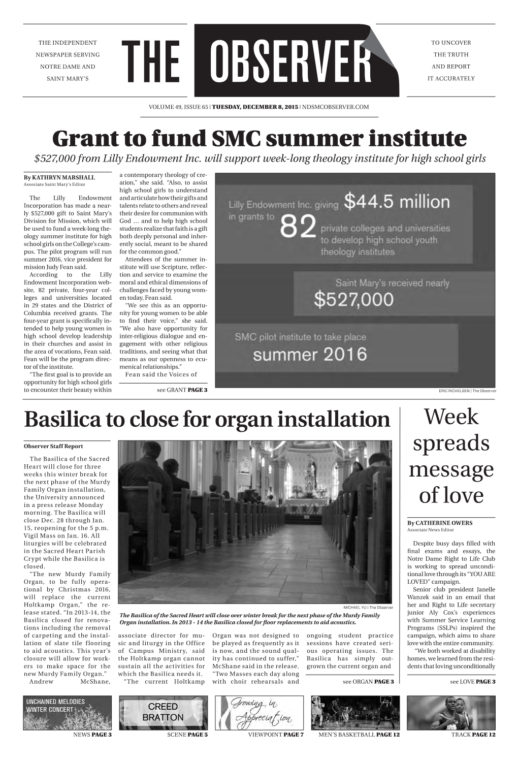 Grant to Fund Smc Summer Institute Basilica to Close for Organ