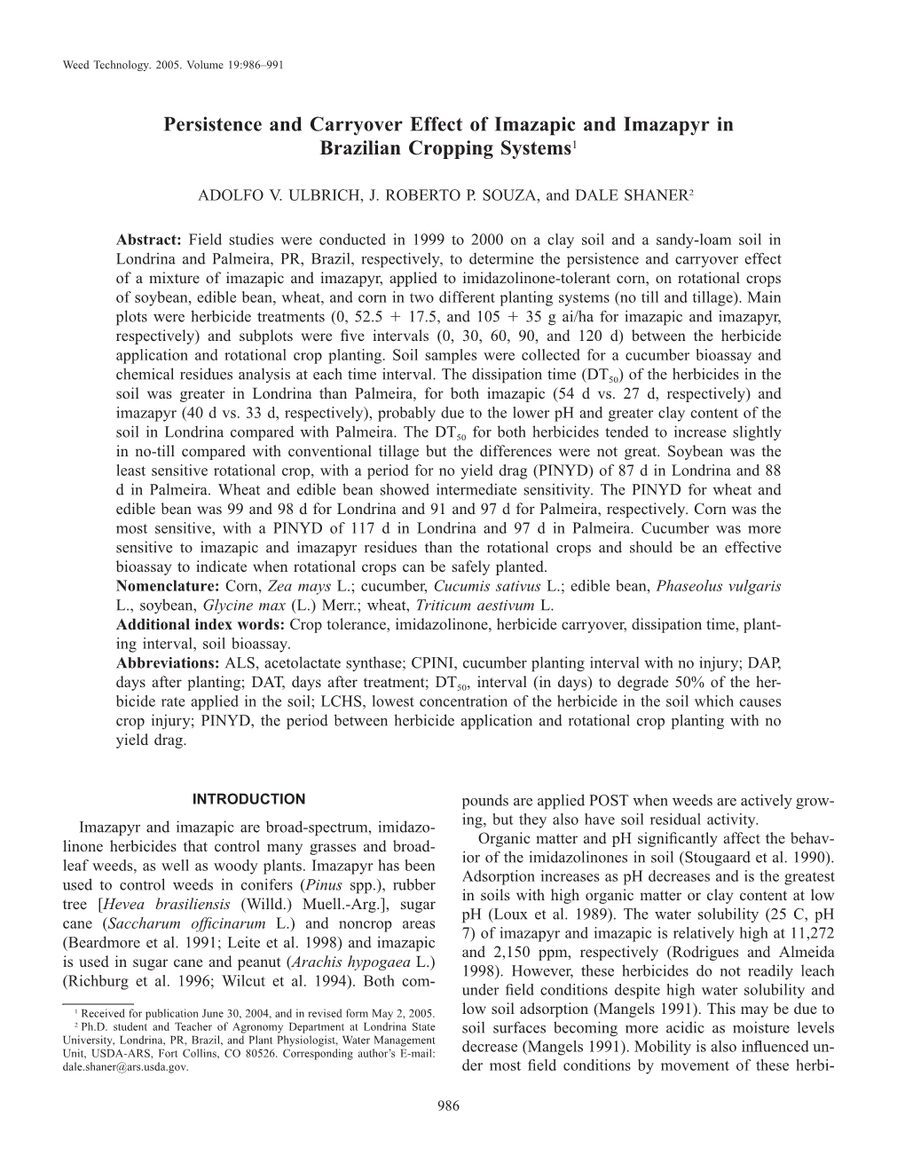 Persistence and Carryover Effect of Imazapic and Imazapyr in Brazilian Cropping Systems1