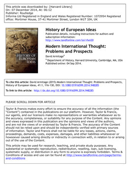 Modern International Thought: Problems and Prospects David Armitagea a Department of History, Harvard University, Cambridge, MA, USA Published Online: 04 Sep 2014