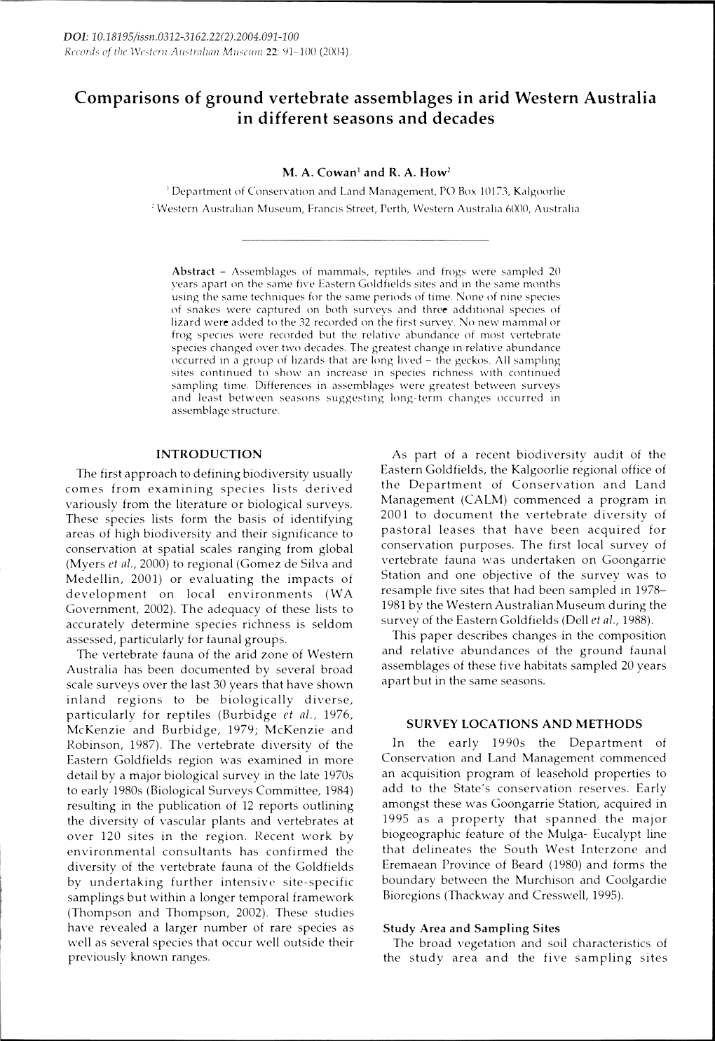 Comparisons of Ground Vertebrate Assemblages in Arid Western Australia in Different Seasons and Decades