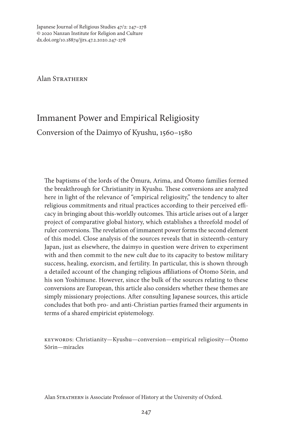 Immanent Power and Empirical Religiosity Conversion of the Daimyo of Kyushu, 1560–1580