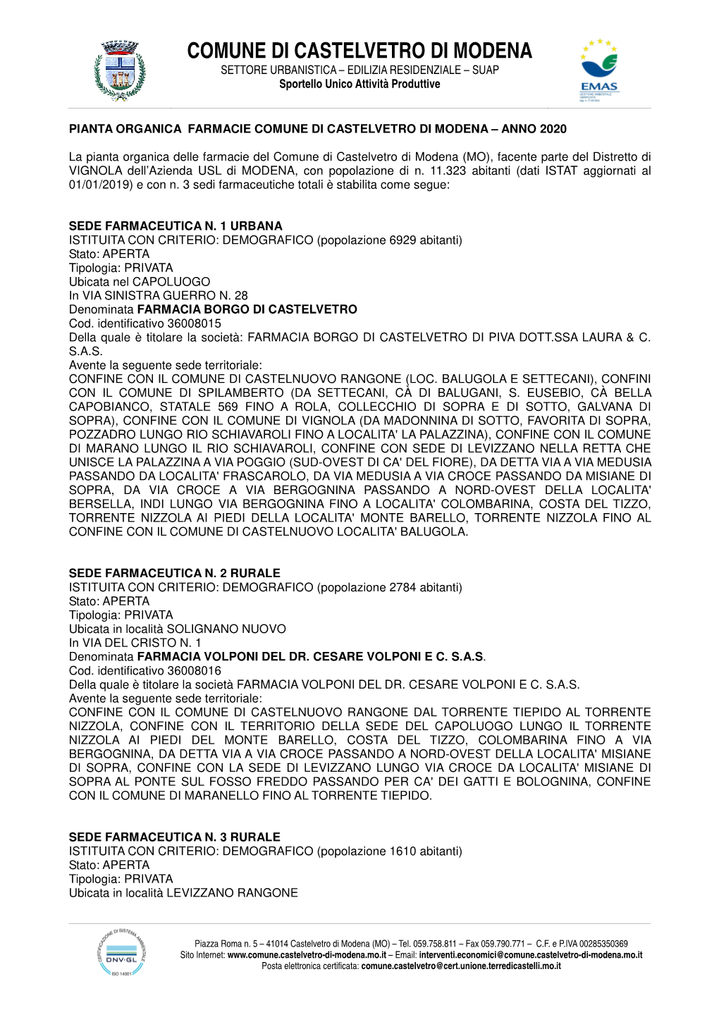 Pianta Organica Farmacie Comune Di Castelvetro Di Modena – Anno 2020