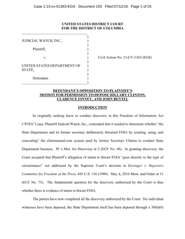 UNITED STATES DISTRICT COURT for the DISTRICT of COLUMBIA ) JUDICIAL WATCH, INC., ) ) Plai
