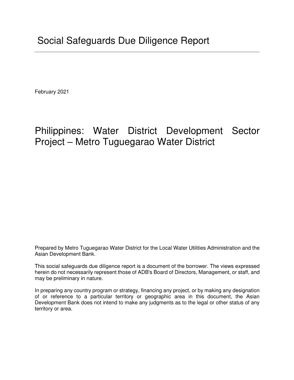 Water District Development Sector Project – Metro Tuguegarao Water District