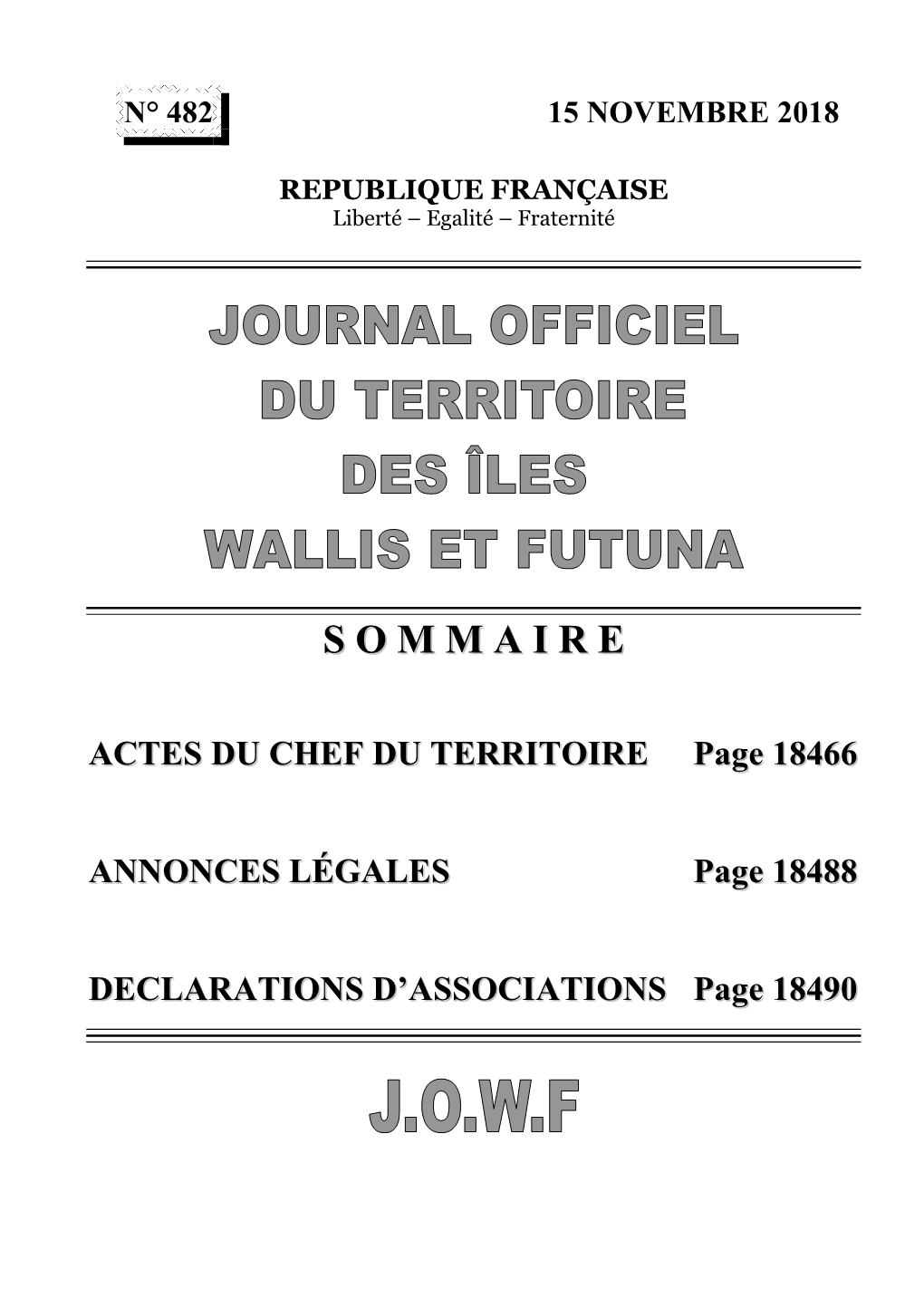 JOWF N° 482 Du 15 NOVEMBRE 2018