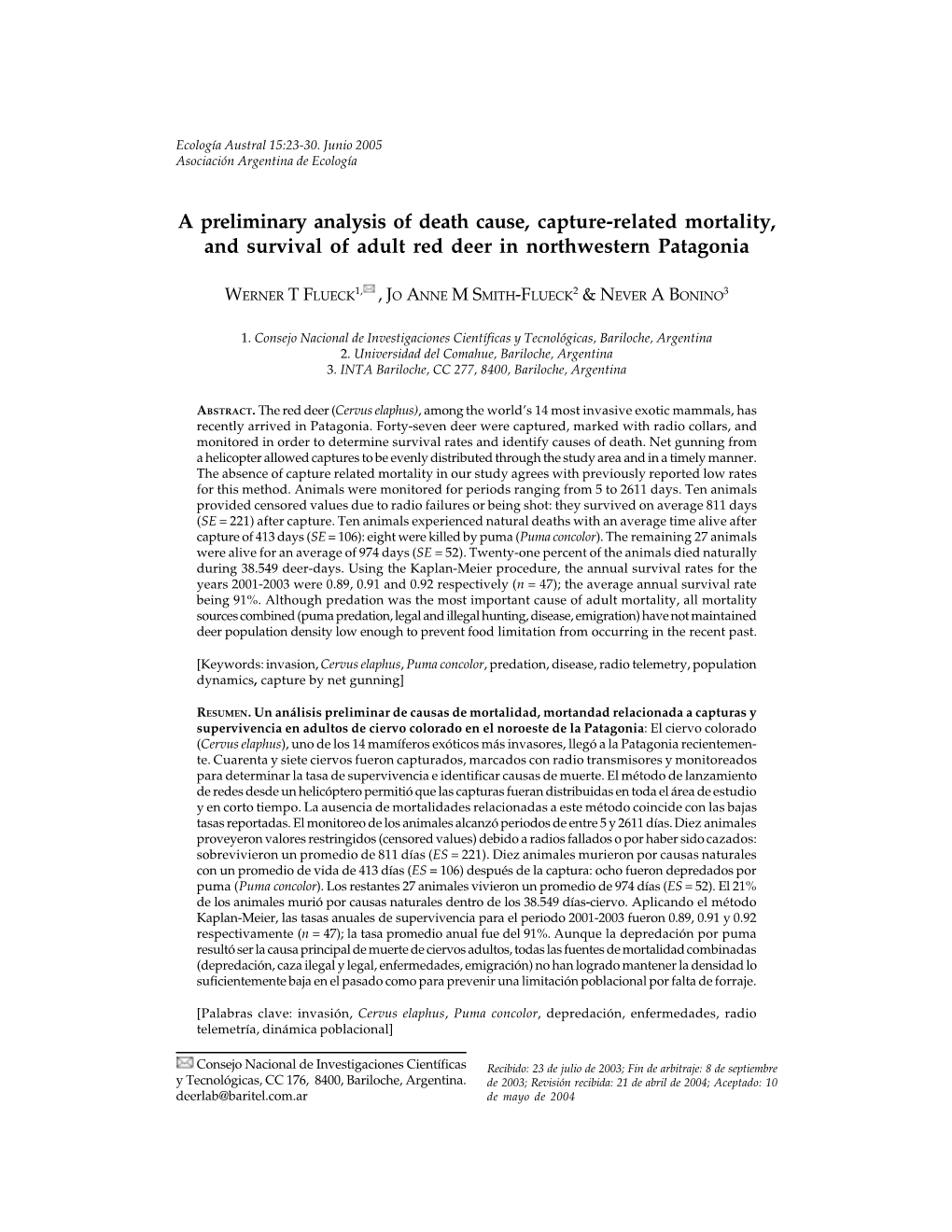 A Preliminary Analysis of Death Cause, Capture-Related Mortality, and Survival of Adult Red Deer in Northwestern Patagonia