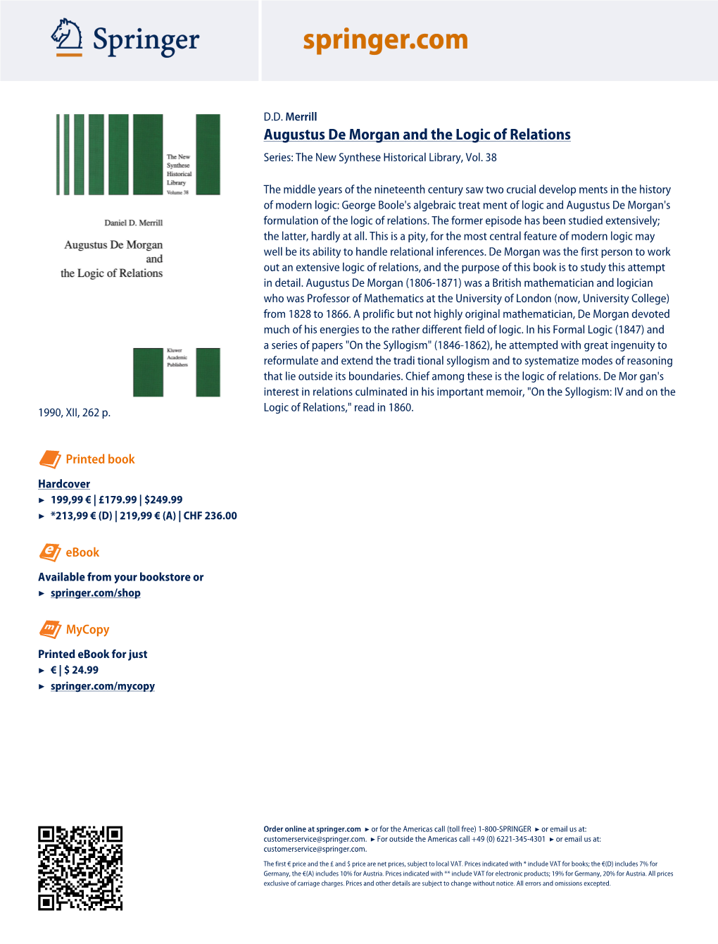 Augustus De Morgan and the Logic of Relations Series: the New Synthese Historical Library, Vol