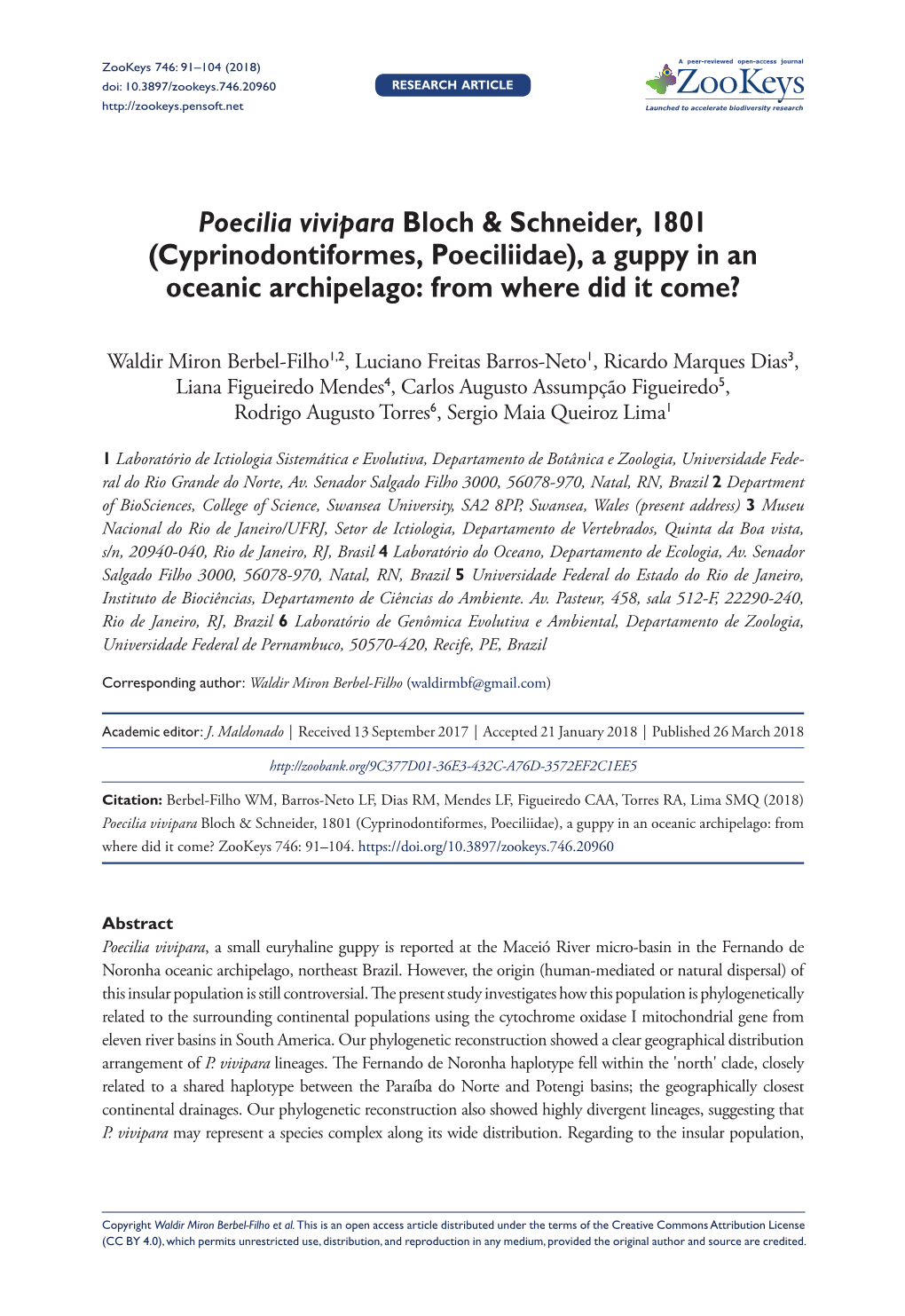 (Cyprinodontiformes, Poeciliidae), a Guppy in an Oceanic Archipelago: from Where Did It Come?