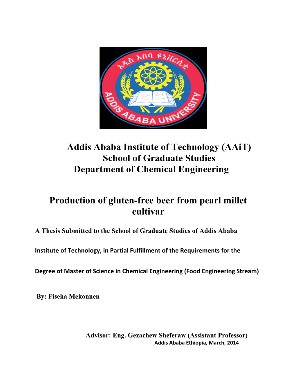 (Aait) School of Graduate Studies Department of Chemical Engineering