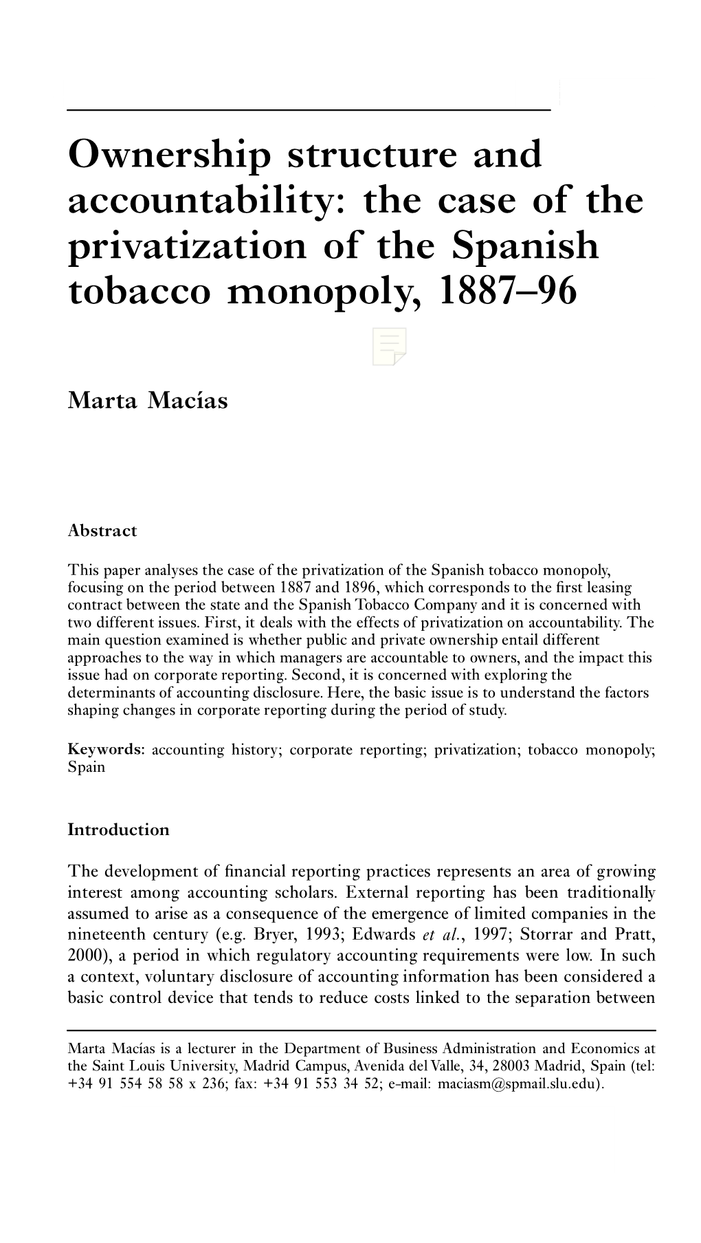 Ownership Structure and Accountability: the Case of the Privatization of the Spanish Tobacco Monopoly, 1887–96