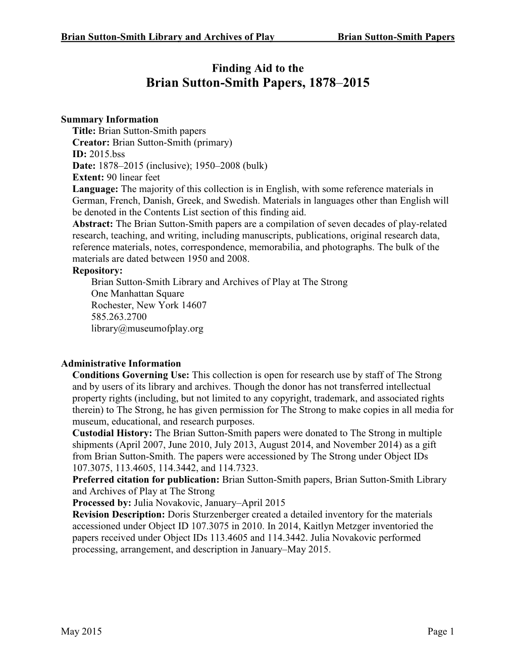 Finding Aid to the Brian Sutton-Smith Papers, 1878–2015