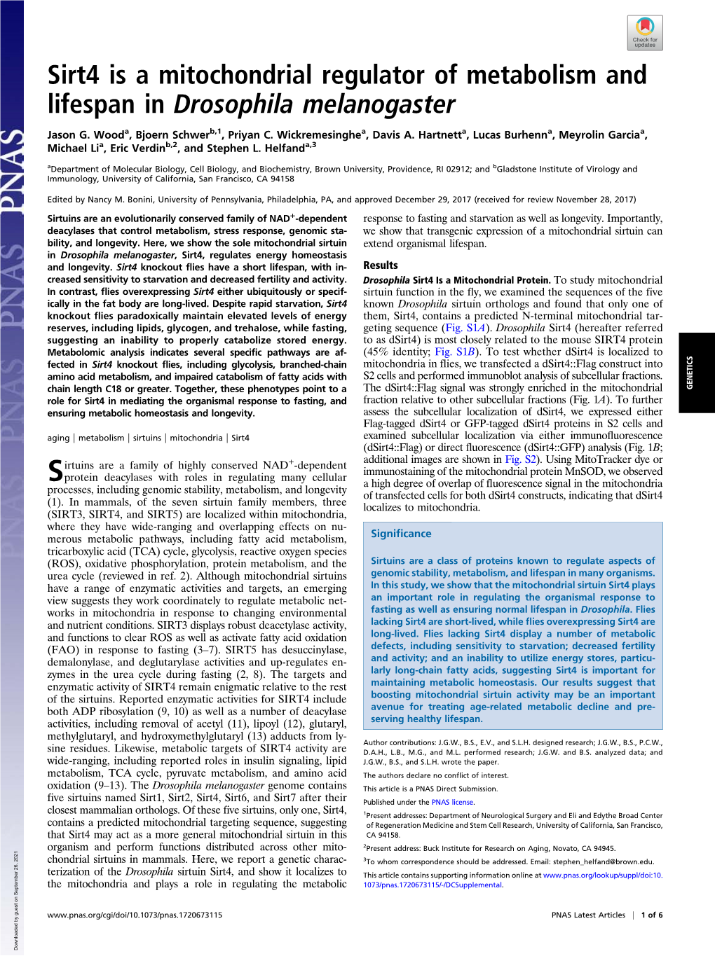 Sirt4 Is a Mitochondrial Regulator of Metabolism and Lifespan in Drosophila Melanogaster