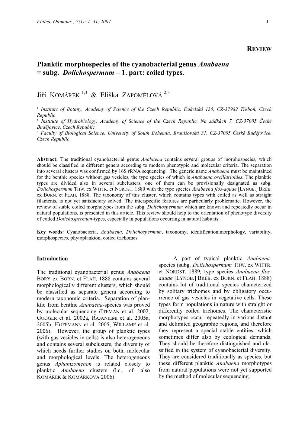 Planktic Morphospecies of the Cyanobacterial Genus Anabaena = Subg