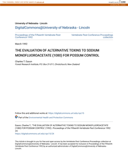 The Evaluation of Alternative Toxins to Sodium Monofluoroacetate (1080) for Possum Control