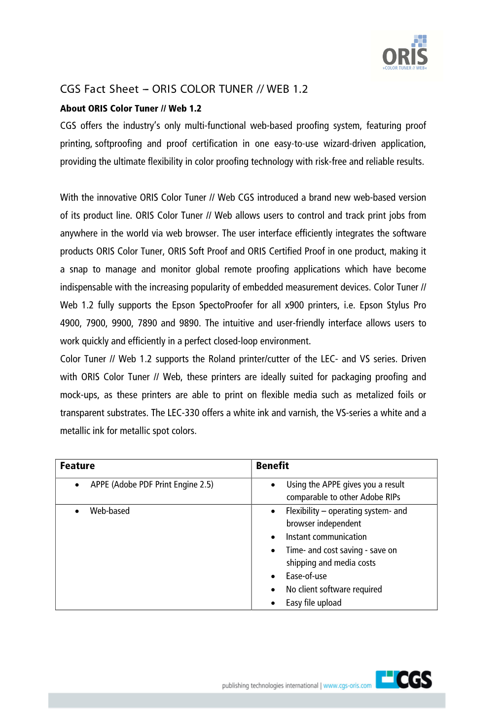 CGS Fact Sheet -- ORIS COLOR TUNER // WEB