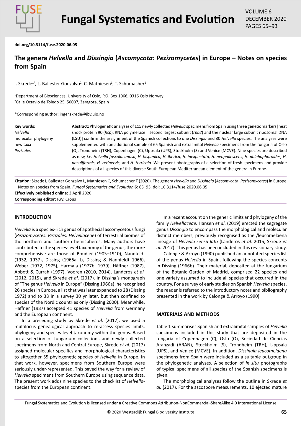 The Genera Helvella and Dissingia (Ascomycota: Pezizomycetes) in Europe – Notes on Species from Spain